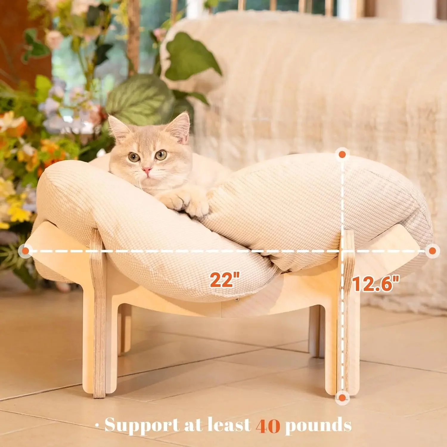 Wooden Cat & Puppies Elevated Pet Bed with Cushion – Modern Raised Pet Sofa - Image 6