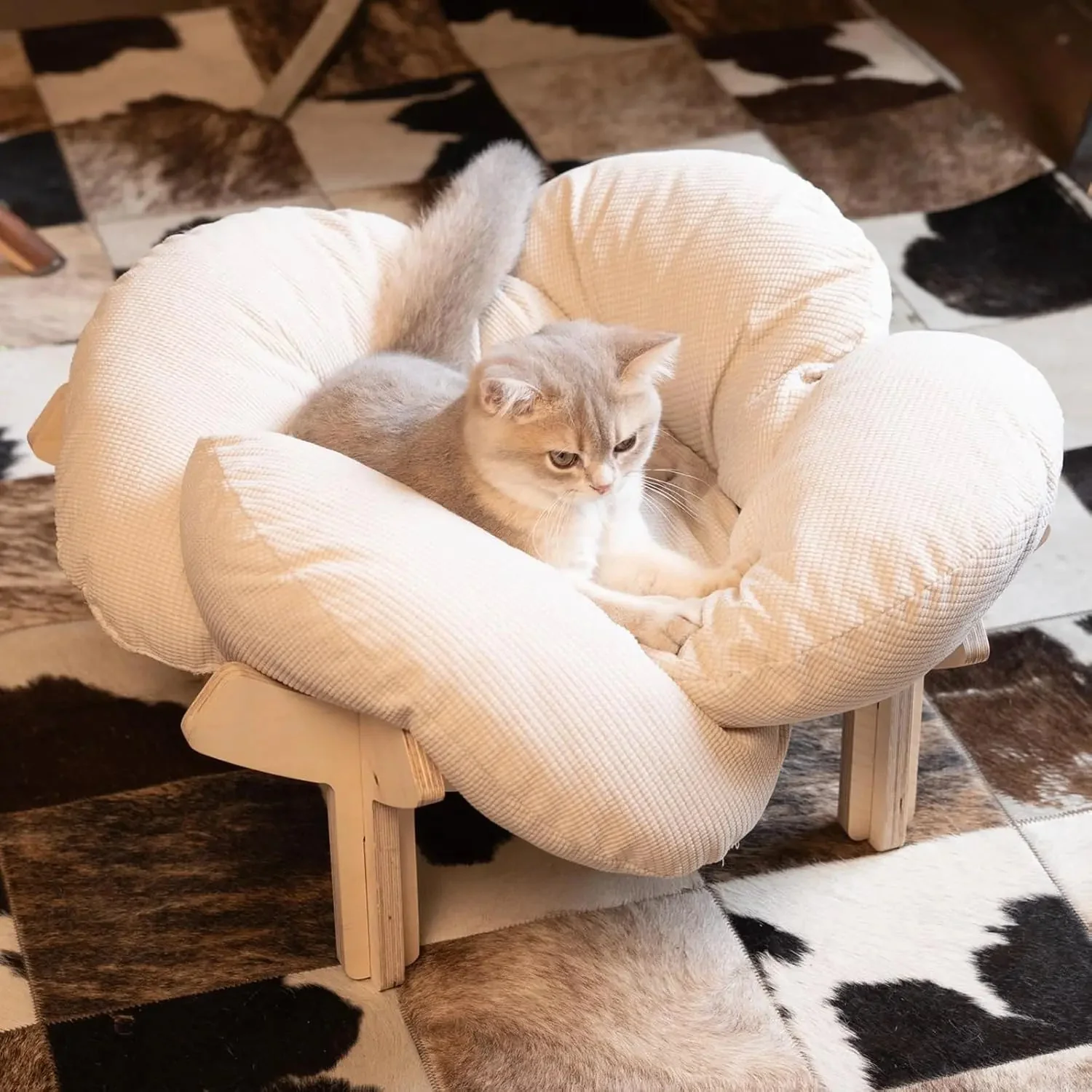 Wooden Cat & Puppies Elevated Pet Bed with Cushion – Modern Raised Pet Sofa - Image 7