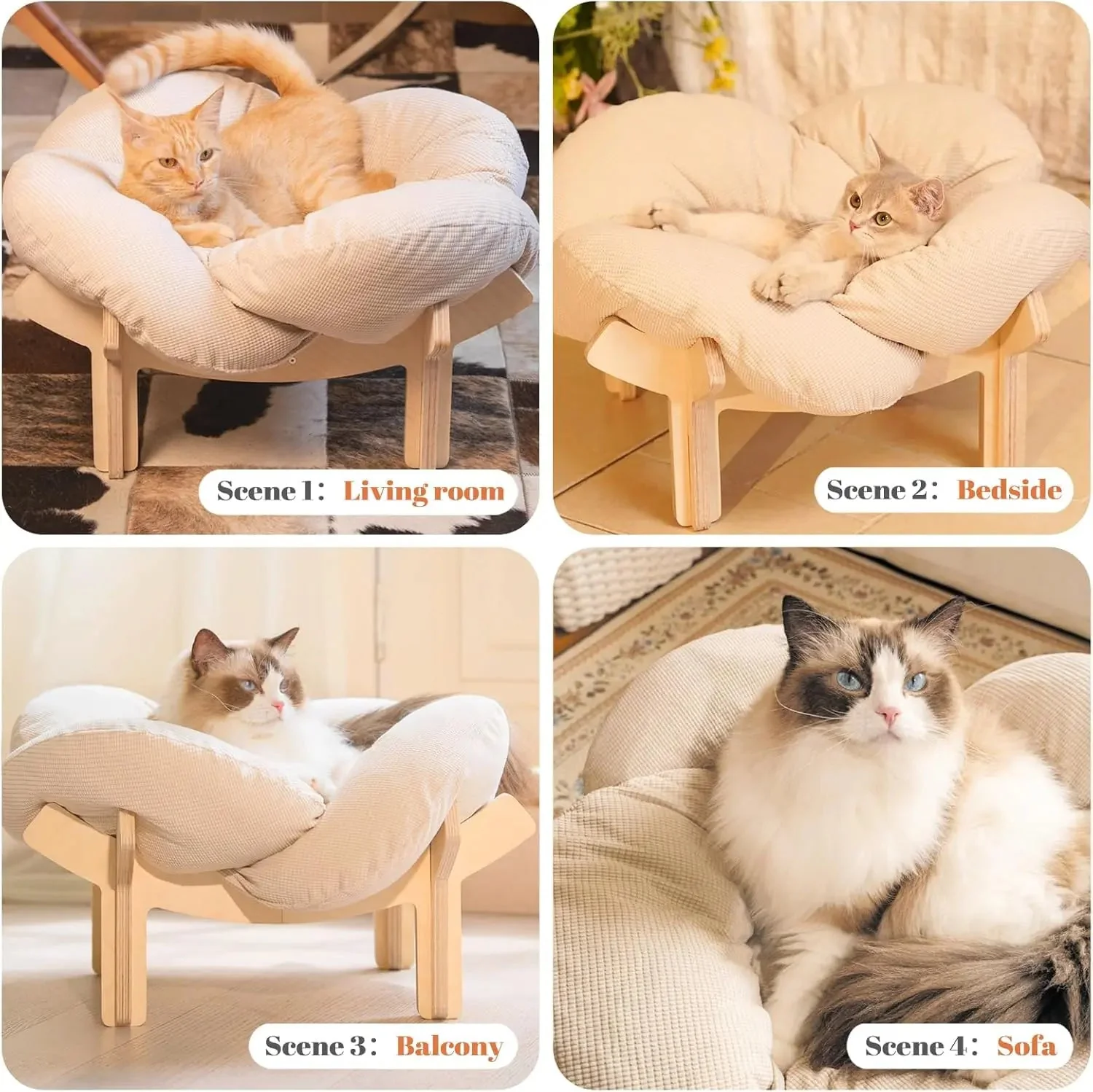 Wooden Cat & Puppies Elevated Pet Bed with Cushion – Modern Raised Pet Sofa - Image 8