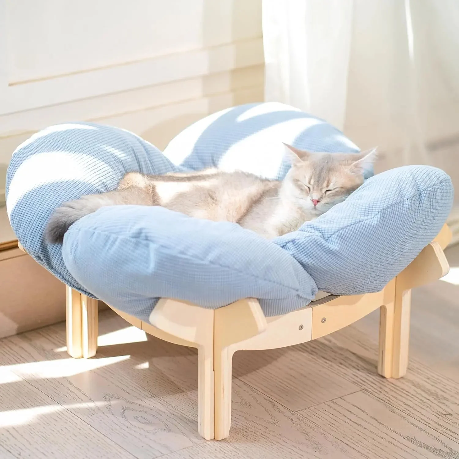 Wooden Cat & Puppies Elevated Pet Bed with Cushion – Modern Raised Pet Sofa - Image 9