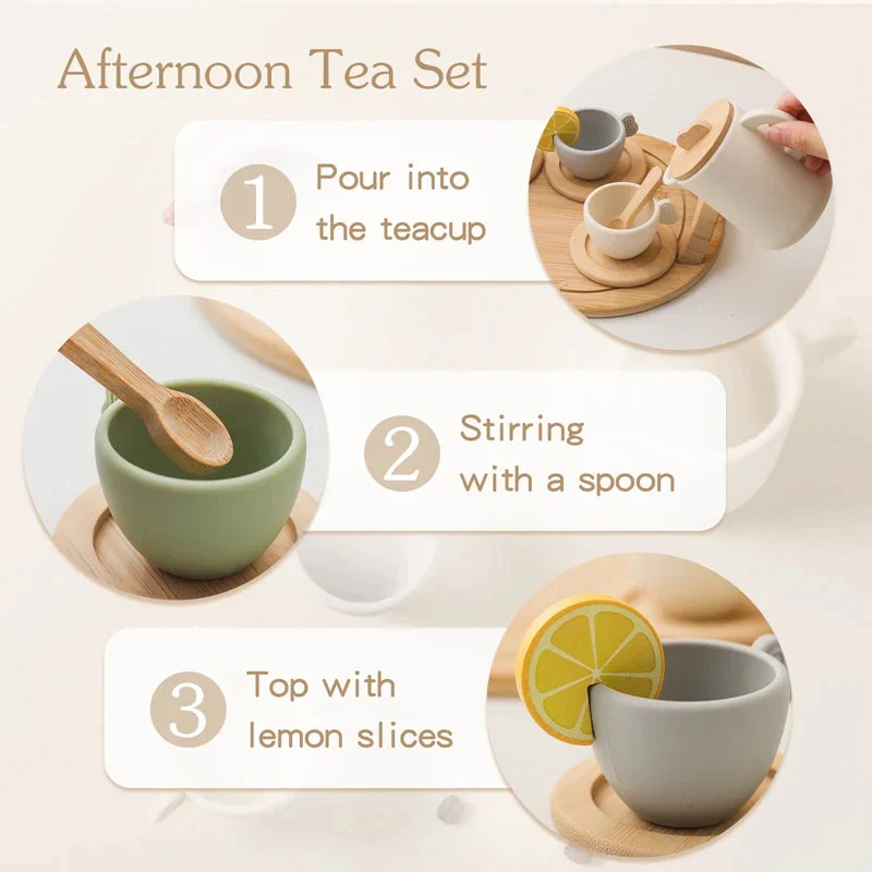 Wooden Children Montessori Toy Teapot Teacup Simulation Kitchen Utensil  BPA Free Silicone Kid Education Pretend Play Toy Gift - Image 3