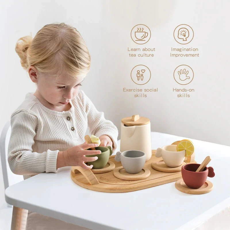 Wooden Children Montessori Toy Teapot Teacup Simulation Kitchen Utensil  BPA Free Silicone Kid Education Pretend Play Toy Gift - Image 4