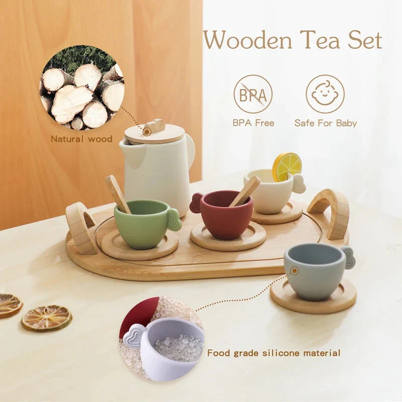 Wooden Children Montessori Toy Teapot Teacup Simulation Kitchen Utensil  BPA Free Silicone Kid Education Pretend Play Toy Gift - Image 5