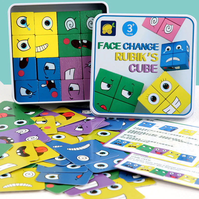 Wooden Expressions Toy Wooden Magic Cube Face Pattern Building Blocks Educational Montessori Toys Wooden Matching Block Puzzles - Image 4