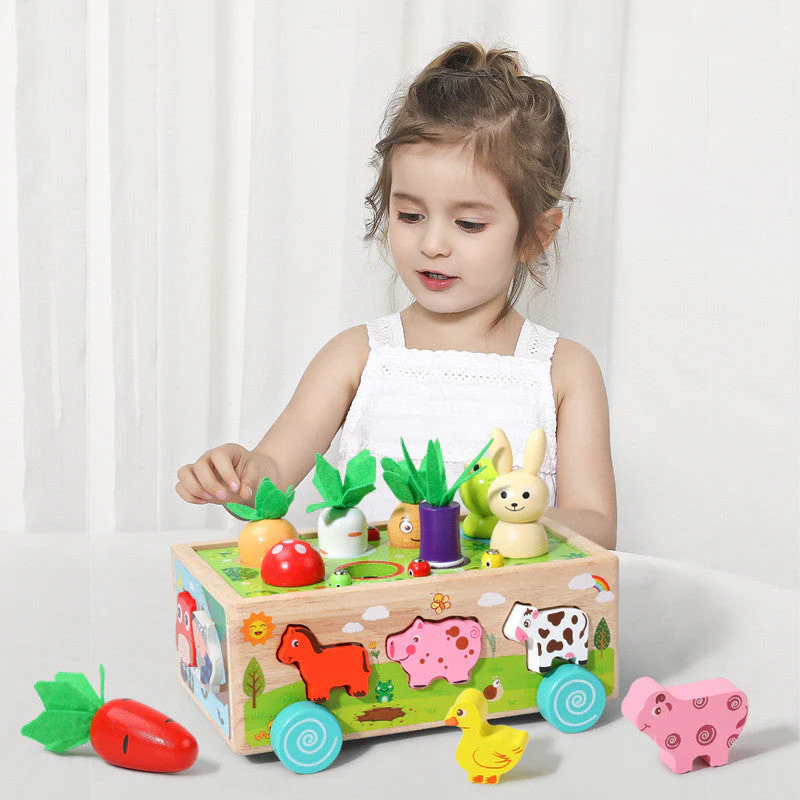 Wooden Farm Animal Car Pulling Radishes Bug Catching Educational Toy - Image 10
