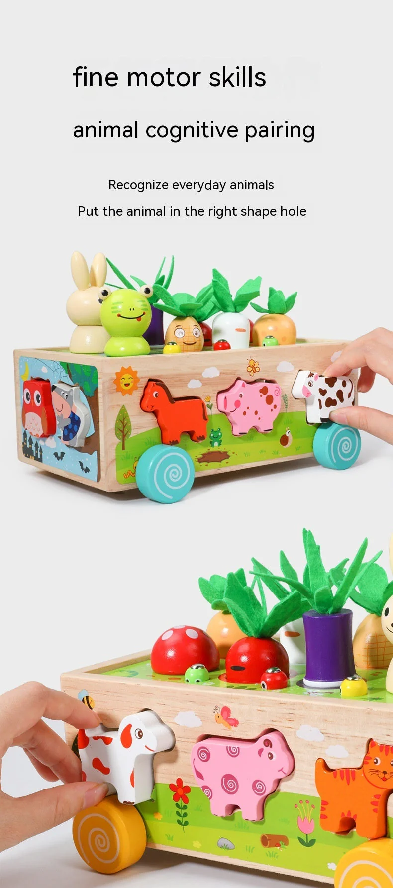 Wooden Farm Animal Car Pulling Radishes Bug Catching Educational Toy - Image 3