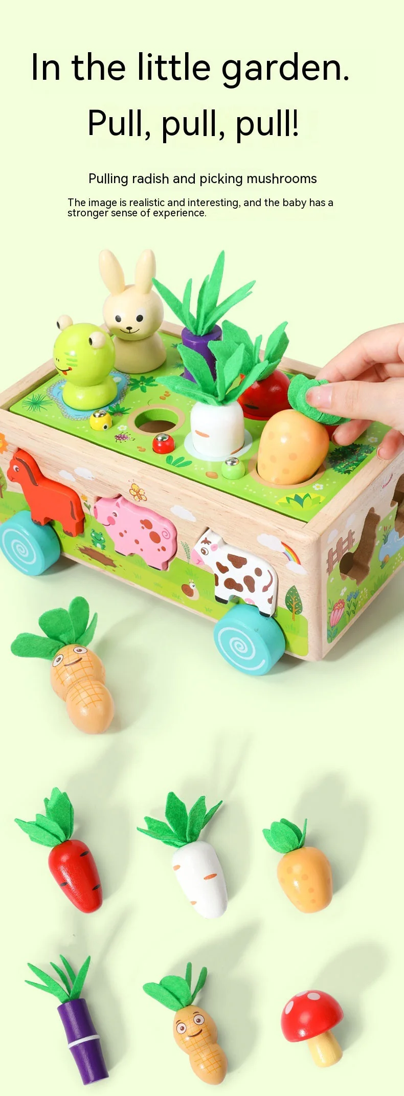 Wooden Farm Animal Car Pulling Radishes Bug Catching Educational Toy - Image 4