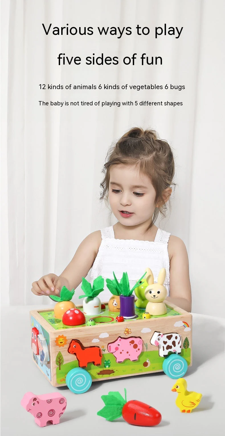 Wooden Farm Animal Car Pulling Radishes Bug Catching Educational Toy - Image 5