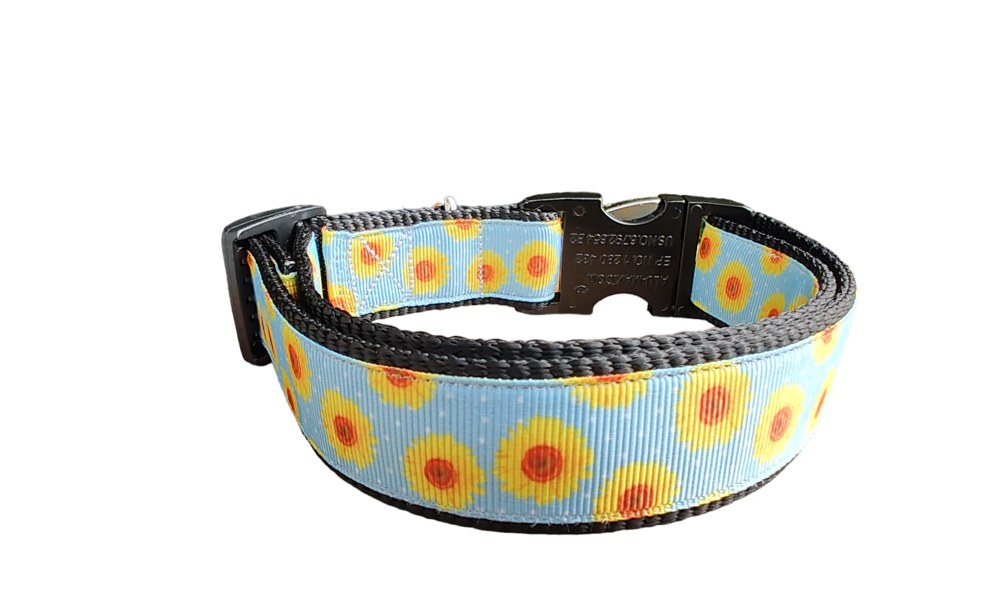 Yellow Flowers Black Nylon Dog Collar MD, LG, XL, Leash - Image 3