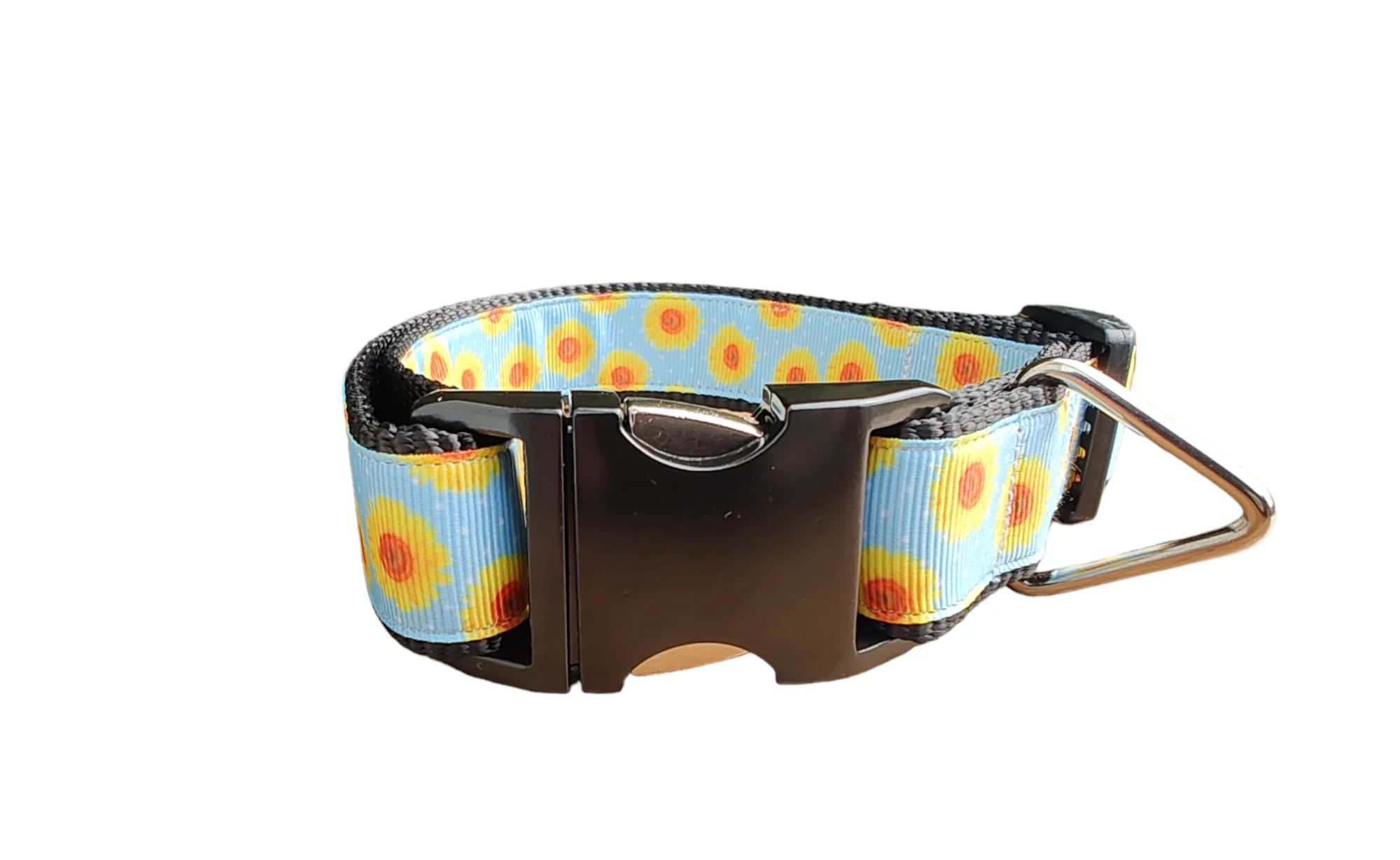 Yellow Flowers Black Nylon Dog Collar MD, LG, XL, Leash - Image 5