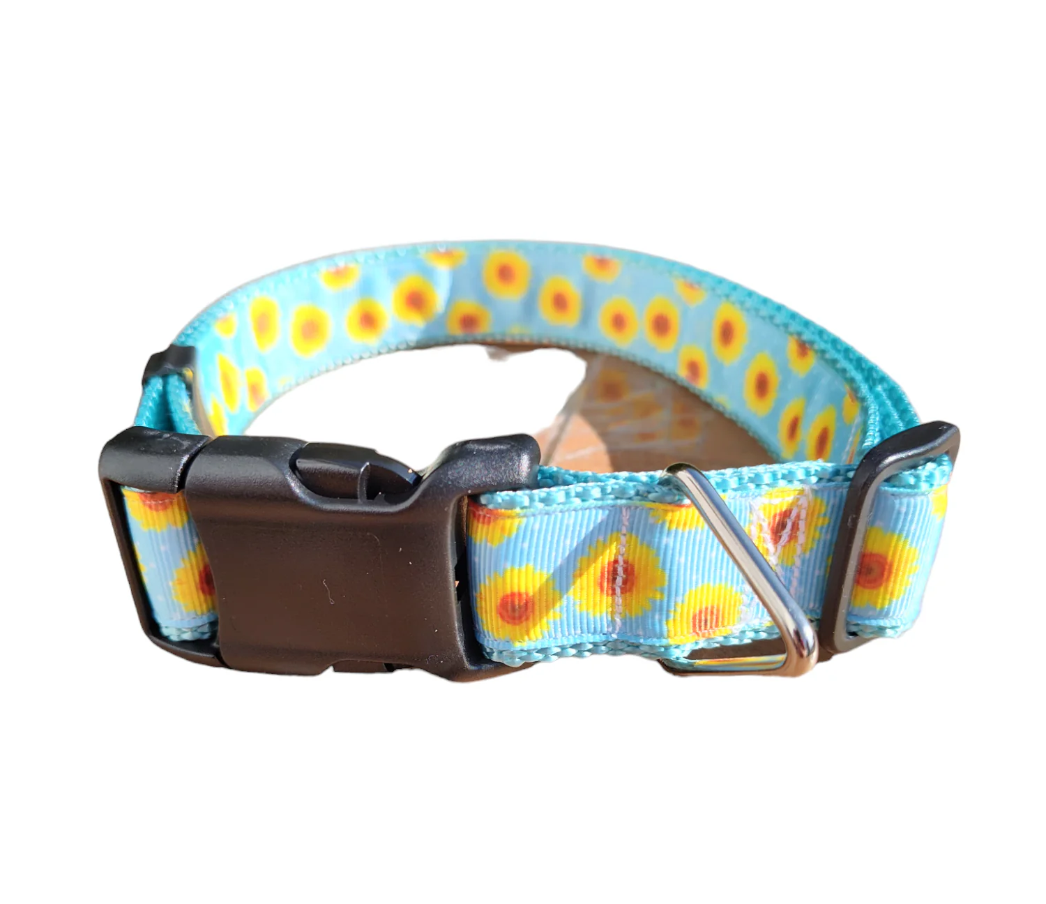 Yellow Flowers Light Blue Nylon Dog Collar MD, LG, XL, Martingale, Leash - Image 2