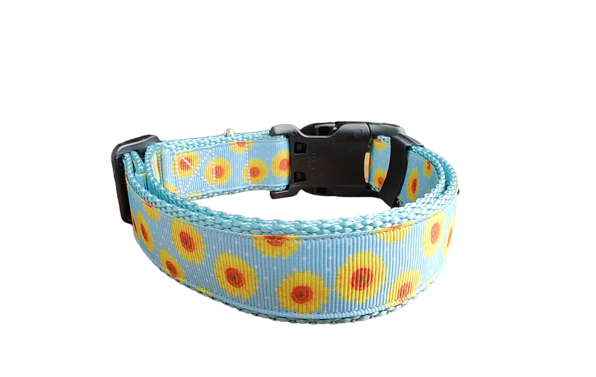 Yellow Flowers Light Blue Nylon Dog Collar MD, LG, XL, Martingale, Leash - Image 3