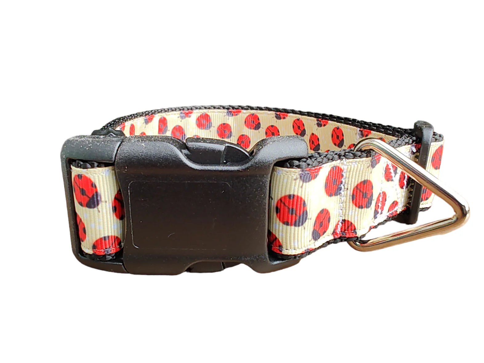 Yellow Ladybugs Black Nylon Dog Collar MD, LG, XL, Leash - Image 2