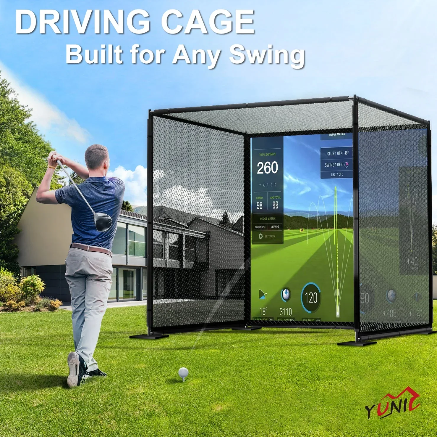 YUNIC Golf Driving Cage with Metal Frame and Simulator Impact Screen - Image 2